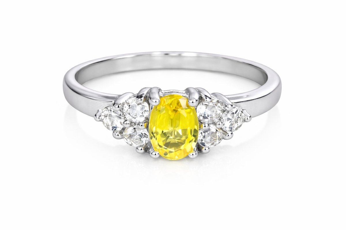 Natuurlijke Gele Saffier Ring van 925 Sterling Zilver - Damesring met CZ - Gele Edelsteen Ring