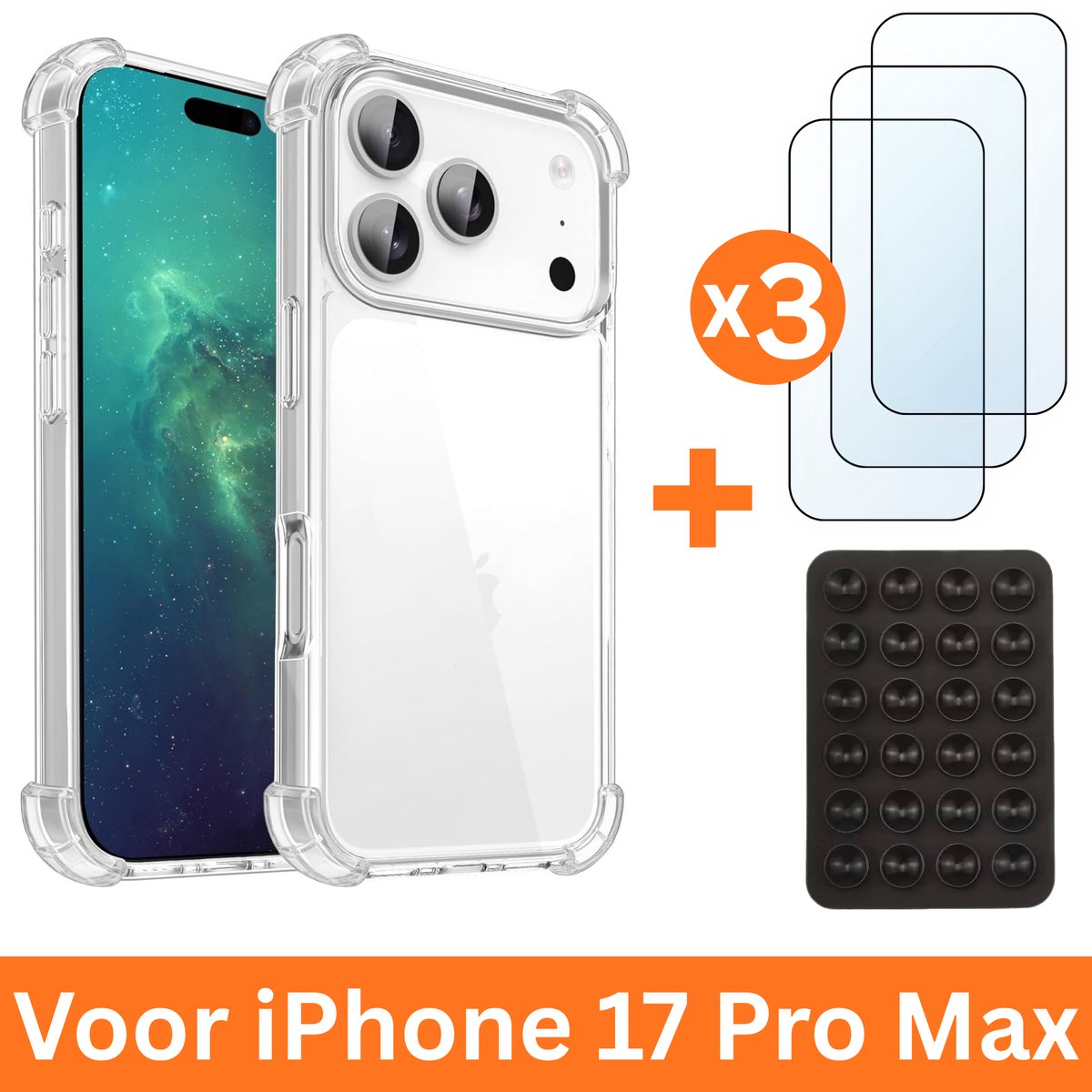 3-in-1 Voordeelpack: Transparant Siliconen Hoesje geschikt voor iPhone 17 Pro Max + 3x Tempered Glass Screenprotector + Plakbare Zuignap Houder - Schokbestendig