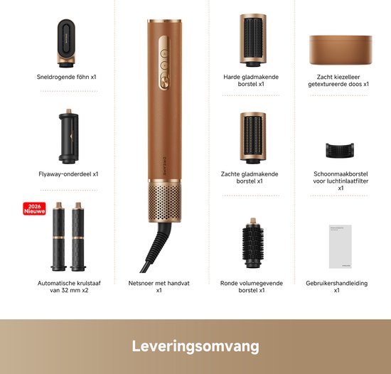 Contenu de la livraison : appareil de coiffage doré et marron avec 7 accessoires, dont des boucleurs automatiques, des brosses lissantes et un embout sèche-cheveux.