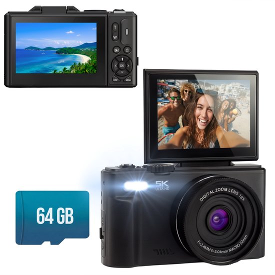 Senzo Digitale Camera 5K met WiFi - 75MP - 18 x Zoom - 60FPS - Fotocamera - Fototoestel - Compact Camera - Vlog Camera - Video Camera - Incl. 64GB