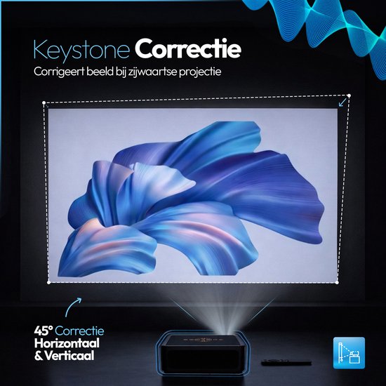 Beamer met Keystone Correctie voor rechthoekige projectie van blauwe, abstracte bloemen.