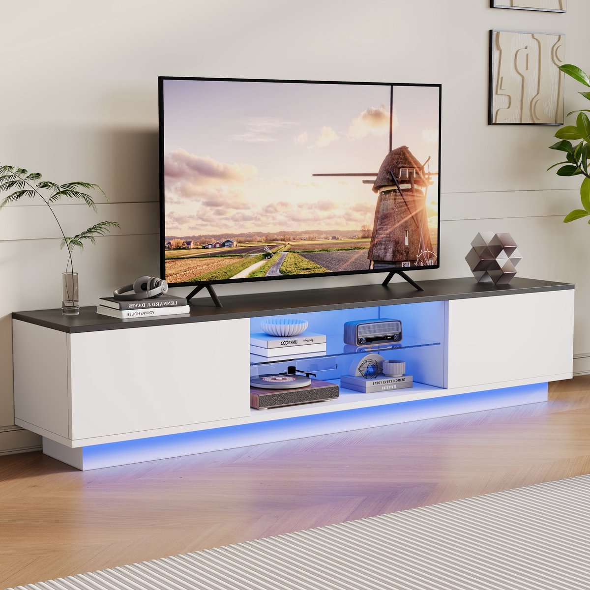 Modern houten tv-meubel met 2 deuren, 2 planken, tv-onderkast met ledverlichting, tv-meubel voor tv's tot 65 inch voor woonkamer en slaapkamer (160 cm, wit, ledverlichting)
