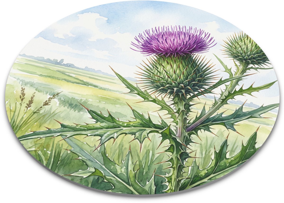 Ronde Muismat - Langstekelige Distel in Weids Polderlandschap - Aquarel Botanische Bloemen Kunst - Bureau Onderlegger en Stylingsmat - Diameter 22 cm