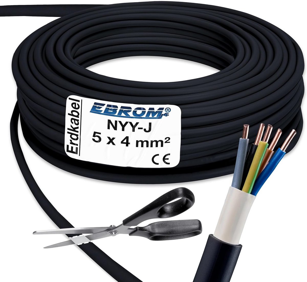 Krachtstroomkabel Aardkabel NYY-J 5x4mm² Zwart - Flexibele Lengte Vanaf 5 Meter
