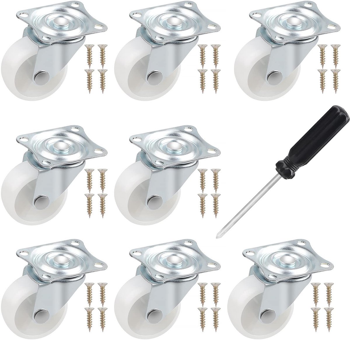MTTproducts- Meubelwielen 360 graden rotatie - Set van 8 - Hoogte 50 mm - Draagvermogen 160 kg - Wit - Schokabsorberend materiaal - Transportwielen
