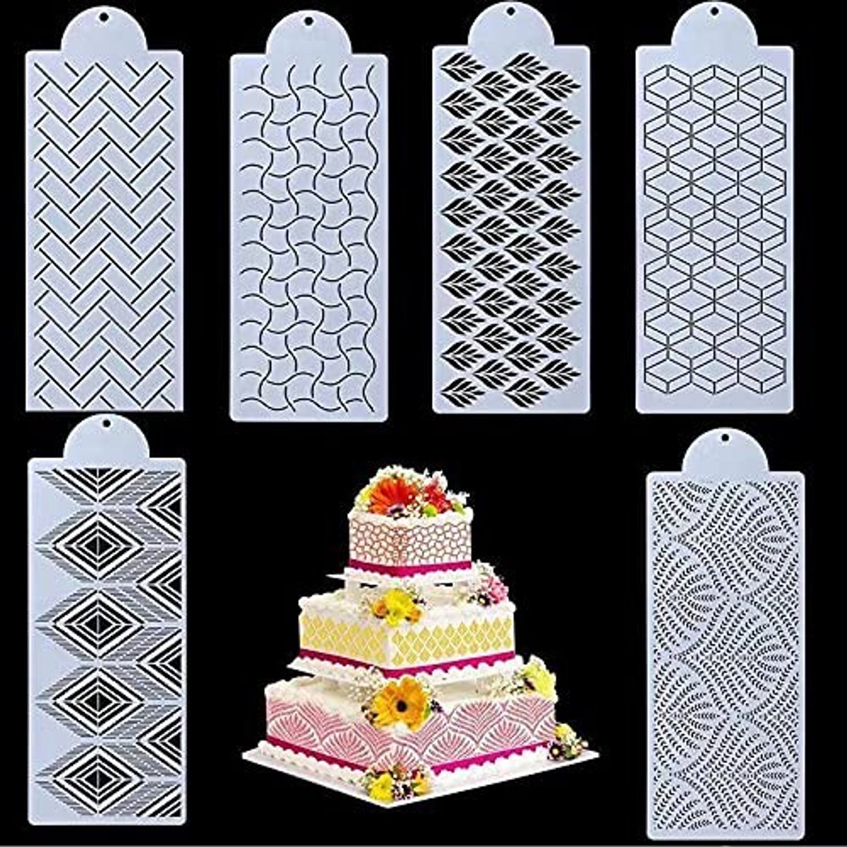 MTTproducts- Cake Stencils 6 Stuks - Bloemen Patroon - Taart Decoratie - Voedselkwaliteit PET - Eenvoudig te Reinigen - Niet-giftig en Smaakloos - Taartmal