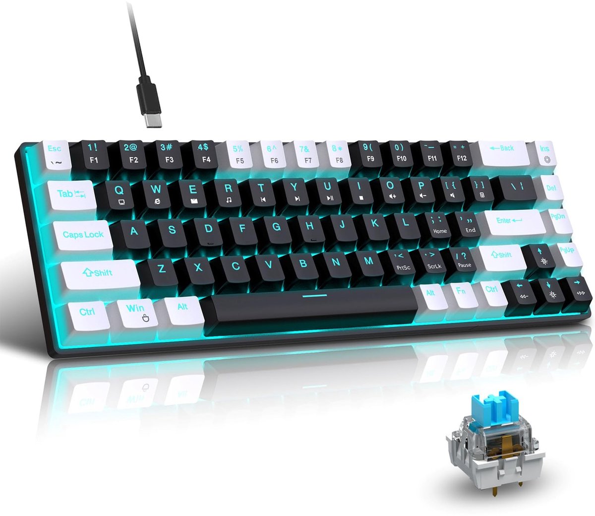 MTTproducts - Mechanisch Gamingtoetsenbord - Gamingtoetsenbord 68 toetsen - Waterdicht en afneembaar USB-kabel - IJs Blauw Achtergrondlicht - Mechanisc...