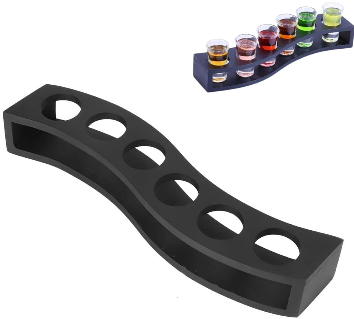 MTTproducts- Cocktailhouder Houten - Drank Serveerschaal - Shot Glazen Houder - 6 Gaten - Zwart - Compact Ontwerp - Serveerplank