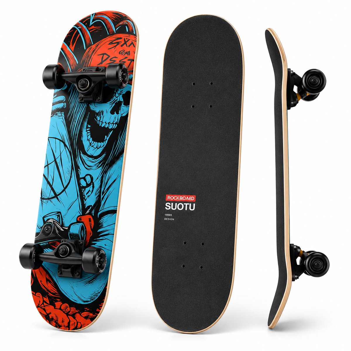 Suotu Skateboard 80x20cm ABEC-9 95A schokabsorptie Jongens Meisjes Volwassenen Skateboards Donkerzwart