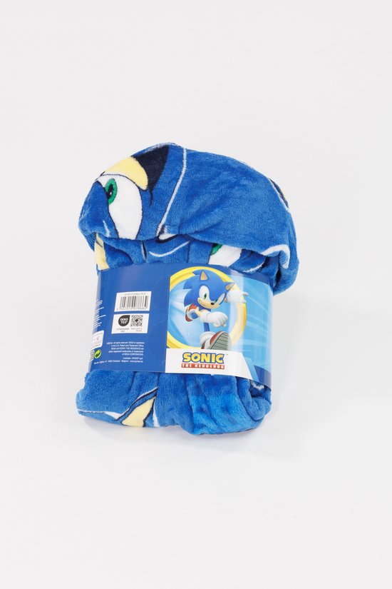 Blauwe flanellen deken met capuchon, bedrukt met de afbeelding van Sonic the Hedgehog en het "Sonic the Hedgehog" logo.