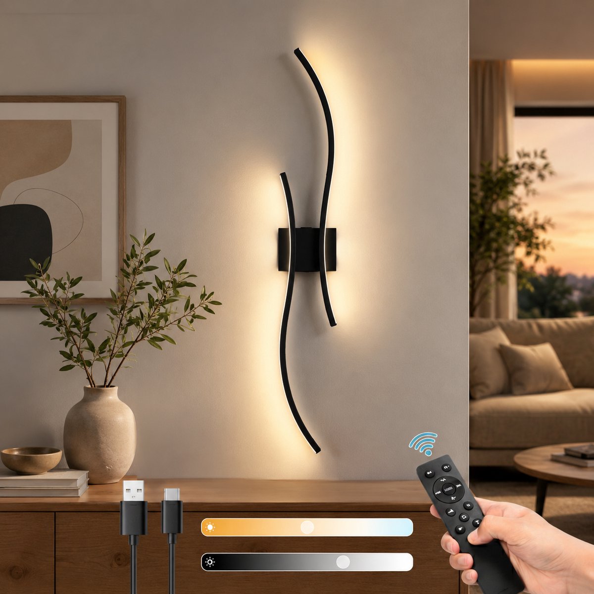 MUPOO Touch Wandlamp Binnen Oplaadbaar (1 Stuk)-Timer & Geheugenfunctie -Nachtlichtmodus &Dimbaar- Afstandsbediening- Wandlampen voor Woonkamer & Slaapkamer-verlichting voor Trap&Badkamer - zwart