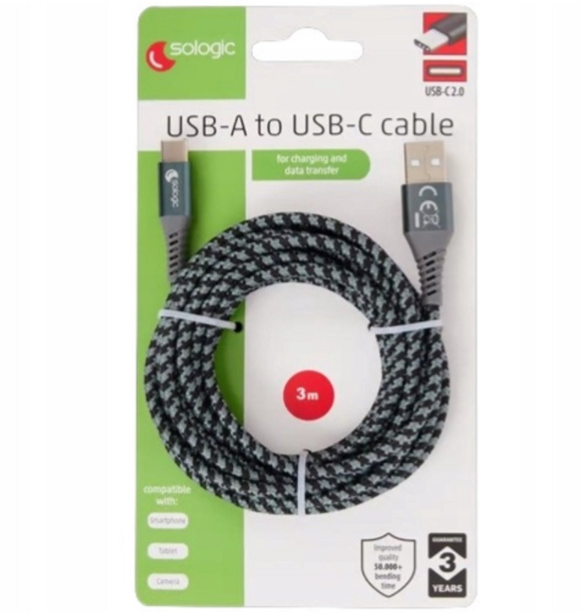 Sologic USB-A to USB-C 2.0 Cable for charging and data transfer 3 M