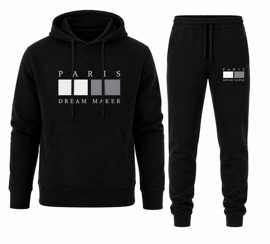 Zwart trainingspak met "PARIS DREAM MAKER" logo op hoodie en joggingbroek.