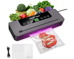 Vacuum Sealer voor Thuisgebruik - 5-in-1 Vacuummachine met Vac/Seal/Rijst/Droog/Nat Modus, LED Scherm, 10 Vacuümzakken Inbegrepen, Verlengt Versheid van Vlees, Groenten & Graan