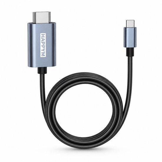 Un câble HappyM USB-C vers HDMI noir enroulé avec des connecteurs argentés.