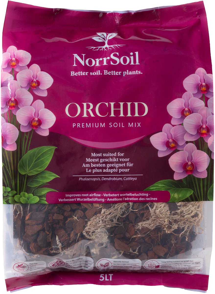Orchideeën potgrond 5 l – Norrsoil Premium orchidee potgrond voor phalaenopsis, dendrobium, cattleya en meer, Turfvrij – 100% Biologisch – Met Organische Voeding tot 180 Dagen – Luchtige Orchideeënmix