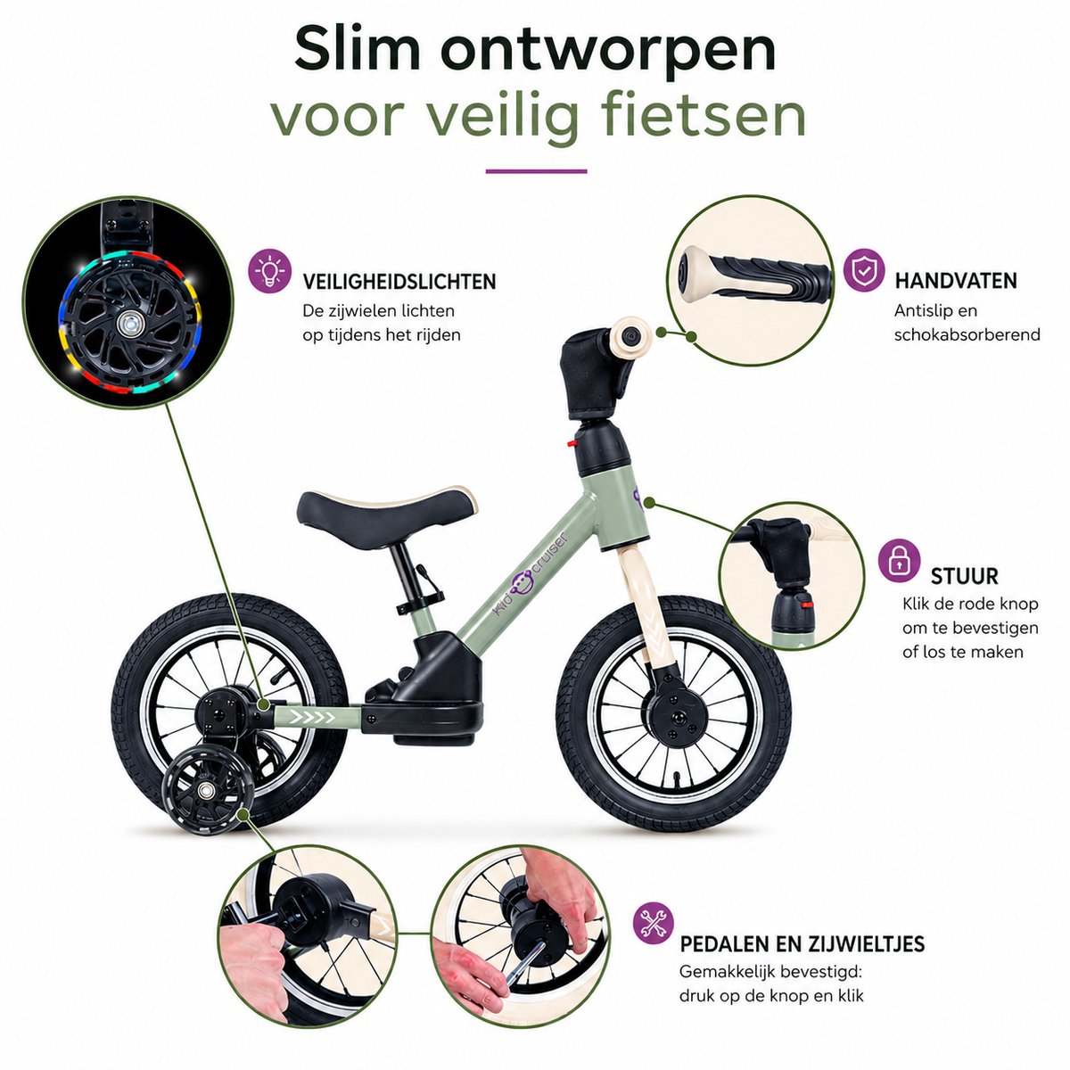 Kidcruiser Loopfiets 2+ jaar - Optioneel met LED Zijwieltjes & Trappers - 3-in-1 Kinderfiets - 12 inch – Lichtgroen – Modulair Design — afbeelding 10