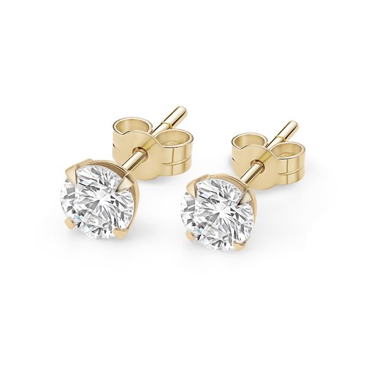 Twee 14 karaat gouden oorstekers met een ronde, heldere moissaniet steen van 4 mm.