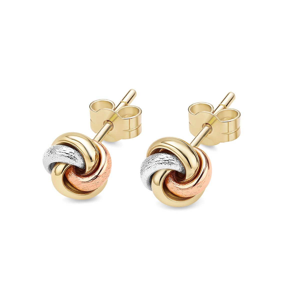 14kt - Gouden Oorstuds met 3 Kleuren Knoop 9 mm - 0,8 mm Staaf Dikte - 14 Karaat Gouden Oorbellen voor Dames - Geelgoud, Witgoud en Roségoud - Echt Goud (585) - Inclusief Echtheidscertificaat
