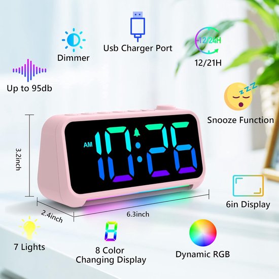 Digitale Wekker voor Kinderen met Kleurveranderend Nachtlampje en Groot LED Display — afbeelding 3