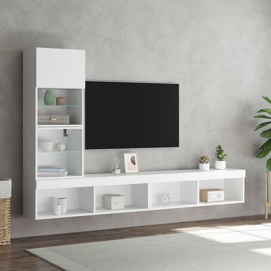 vidaXL 4-piece TV wall furniture set with LED lighting processed wood white — afbeelding 2