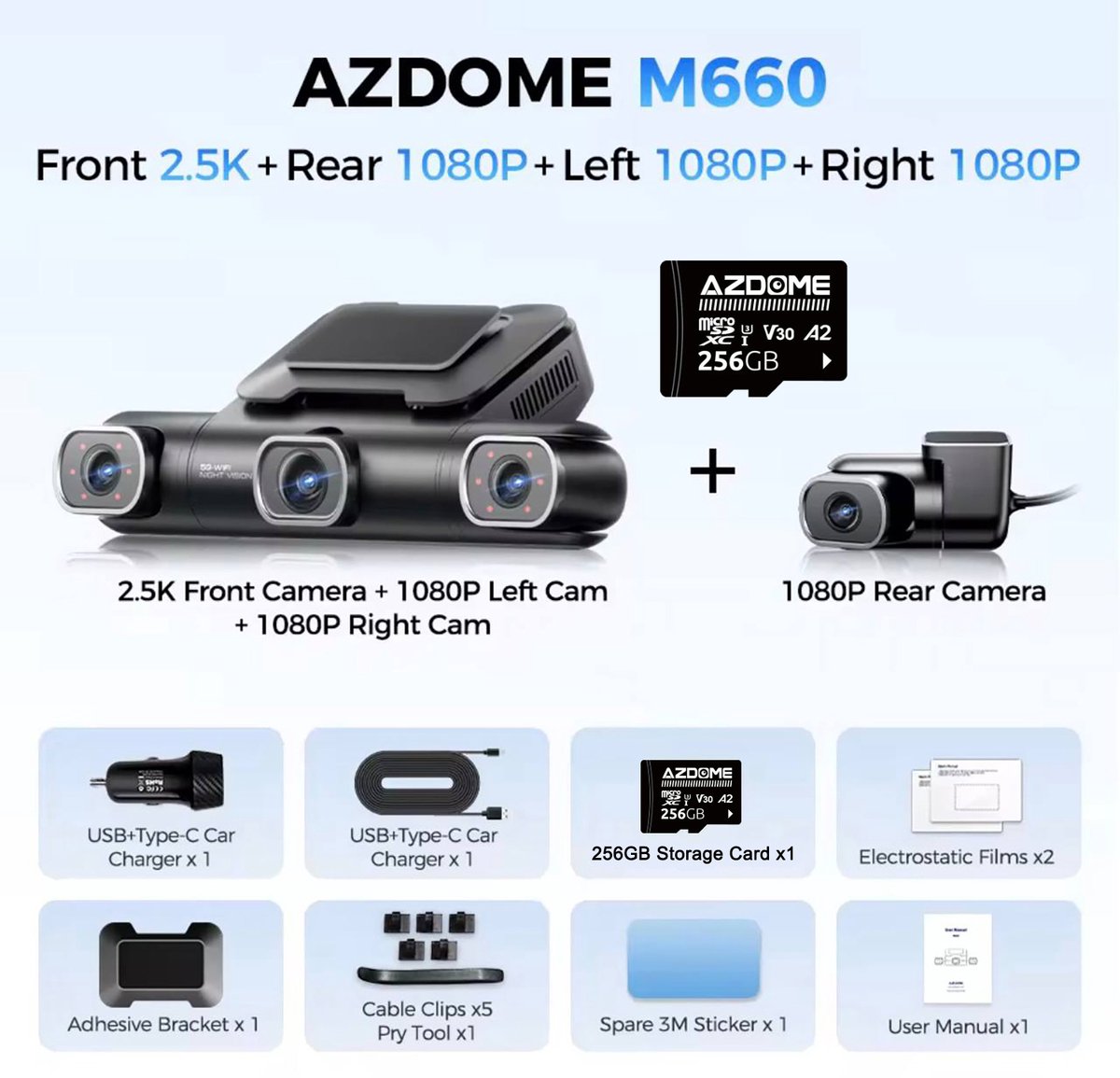 AZDOME M660 2.5K 4CH Dashcam, 4 Camera's + 256GB/64GB thumbnail 3