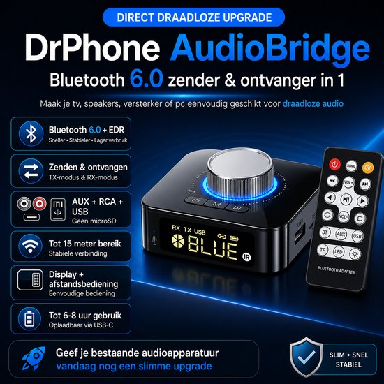 DrPhone AudioBridge Bluetooth 6.0 Adapter - Zender & Ontvanger - AUX RCA - USB microSD - Display - Afstandsbediening - Zwart van DrPhone — afbeelding 2