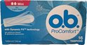 O.B. ProComfort Mini tampons. Blauwe verpakking met 'Mini voor lichte dagen', 'Dynamic Fit™ technology' en '16 TAMPO NS'. Griekse tekst.