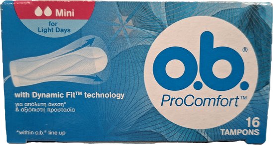 O.B. ProComfort Mini tampons. Blauwe verpakking met 'Mini voor lichte dagen', 'Dynamic Fit™ technology' en '16 TAMPO NS'. Griekse tekst.