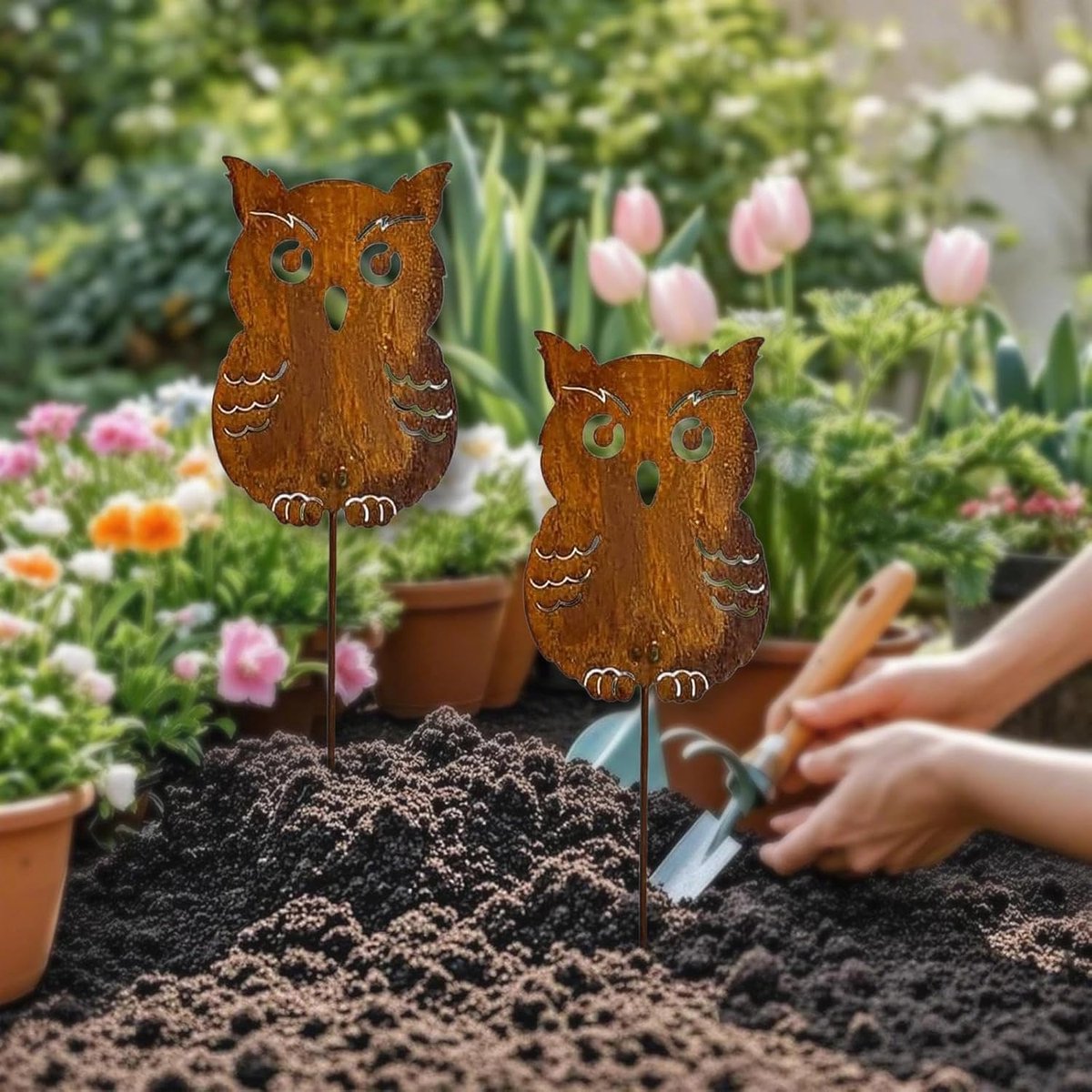 Set van 2 Tuinstaken Uil Vorm Metaal - Roest Optiek Decoratie voor Buiten