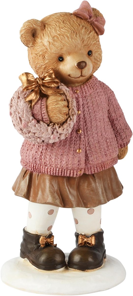 dekoratief Beertje staand m/krans, bruin/roze, resina, 9x7x19cm | A265714