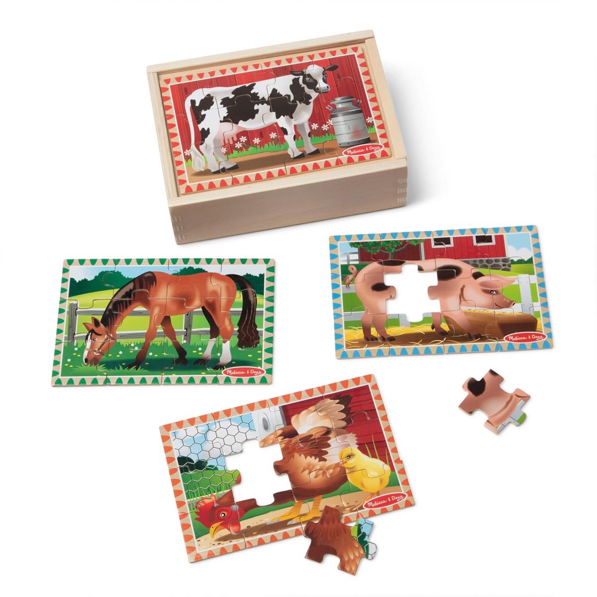 Houten Puzzelset met 4 Stuks Boerderijdieren, Inclusief Opbergdoos