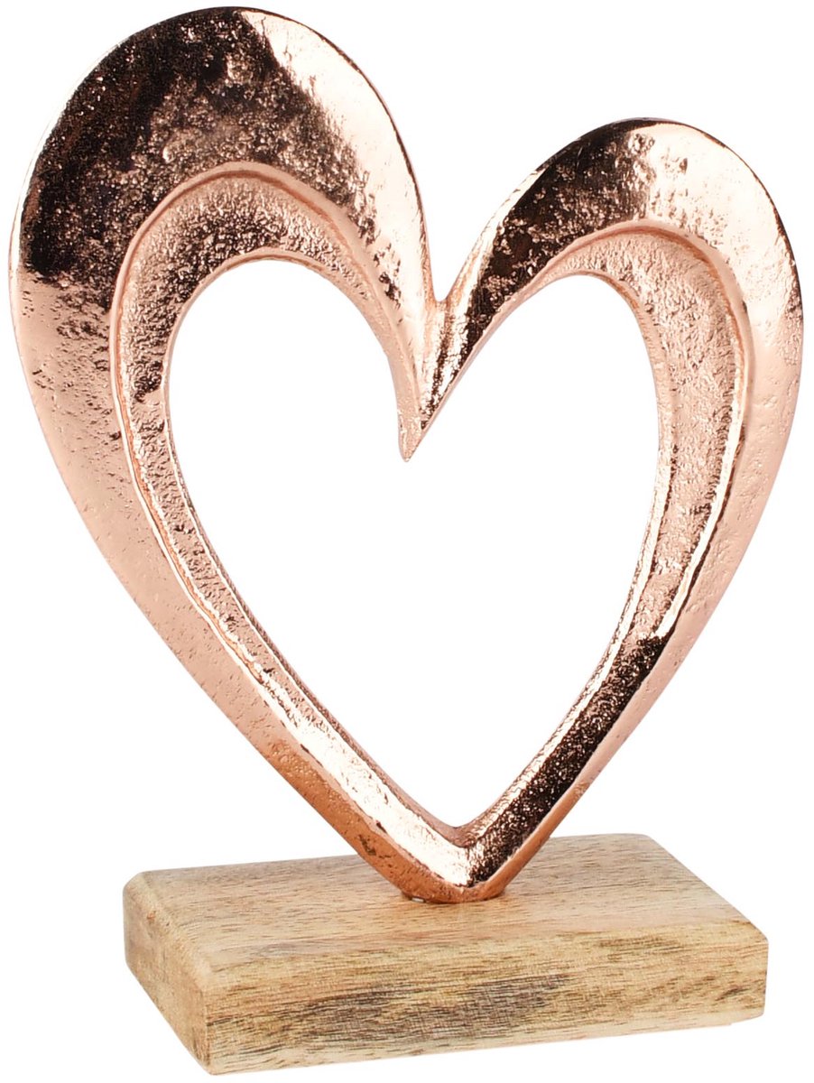 Dekoratief | Deco hart op voet, ros?/naturel, aluminium/hout, 12x5x17cm | A268060
