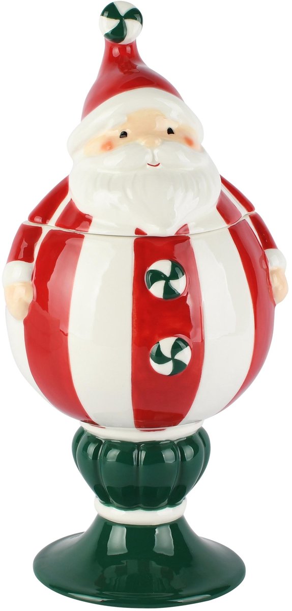 Dekoratief | Bewaarpot santa op voet, rood/wit/groen, keramiek, 14x13x27cm | A265361