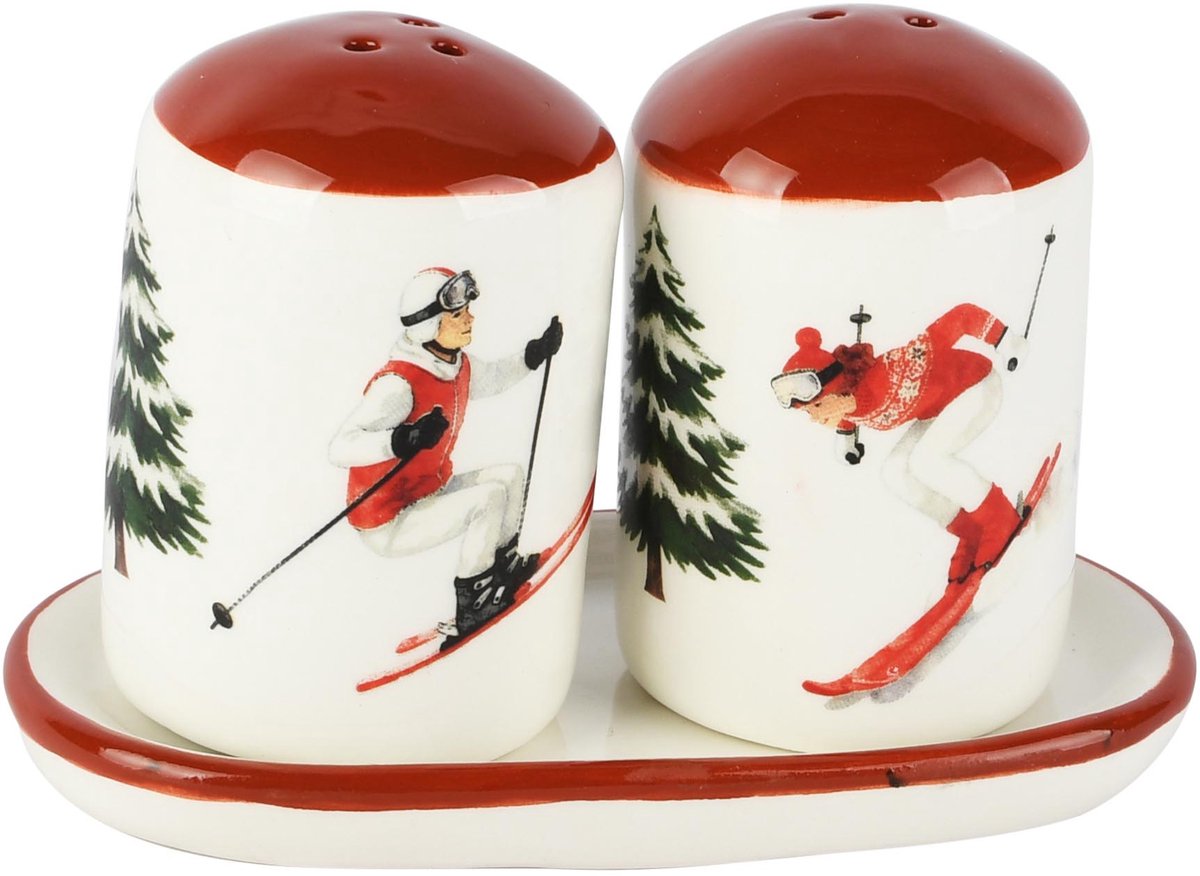 Dekoratief | Duo peper/zout 'Ski Season', wit/rood, keramiek, 11x6x8cm | A265242