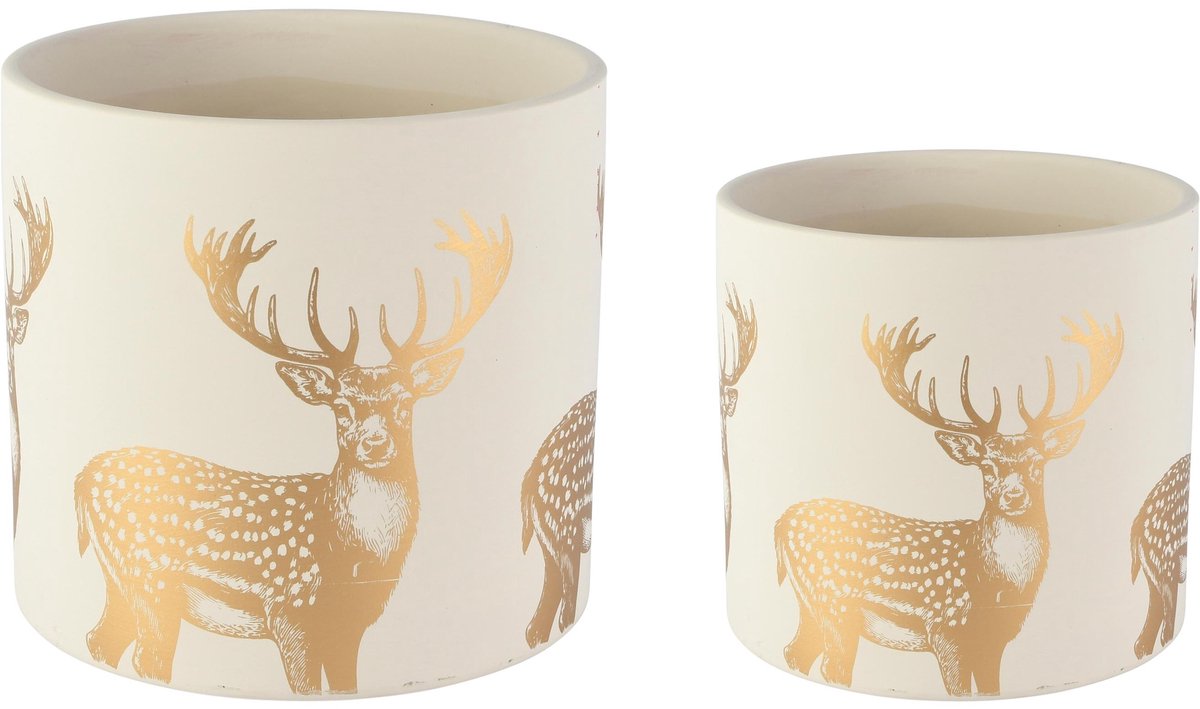 Dekoratief | Set 2 bloempotten 'Oh Deer Gold', wit/goud, keramiek, 17x17x15cm | A265150
