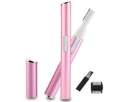 Mini Scheerapparaat + Trimopzetstuk – Ultra scherpe Dames shaver – Wenkbrauw + Neushaar + Gezichtshaar Trimmer – Exclusief 1x AAA Batterijen – Perfecte Haarverzorging op Reis – Kleur: Roze