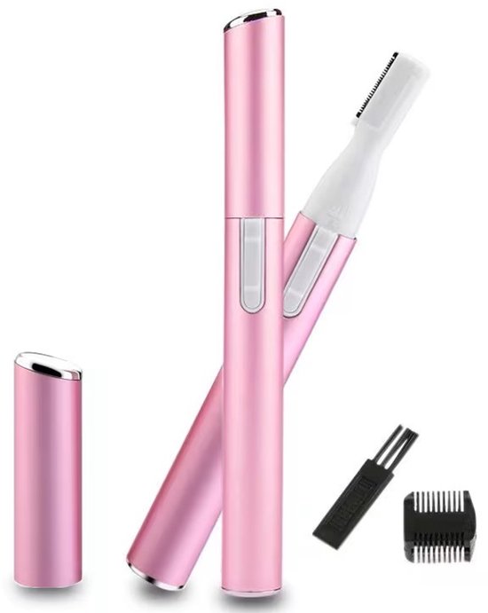 Roze elektrische wenkbrauwtrimmer met opzetkam, kapje en borsteltje.