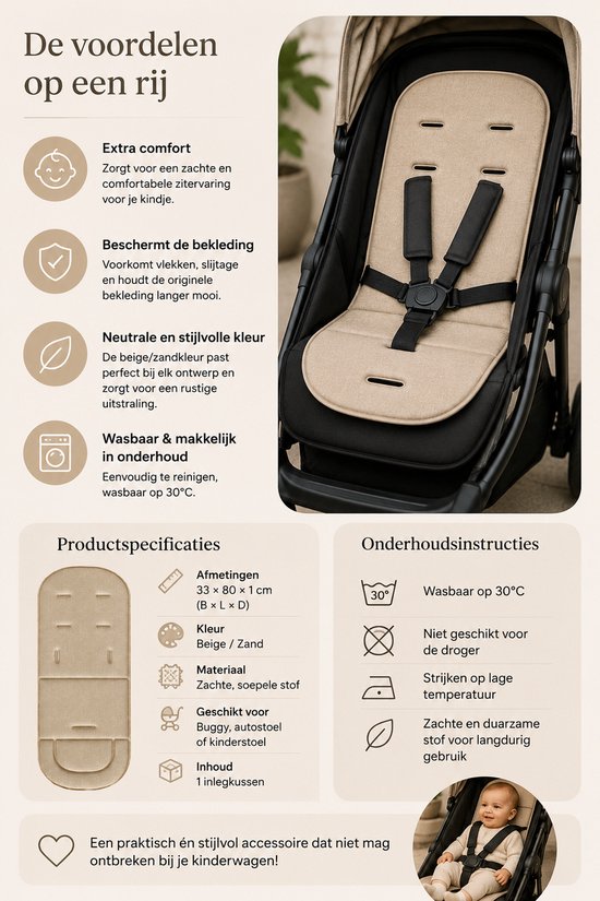 Dun Universeel Buggy Inlegkussen - Buggy Inlegger - Beige/Zand - 33x80x1 cm - Kinderwagen Accessoire — afbeelding 5