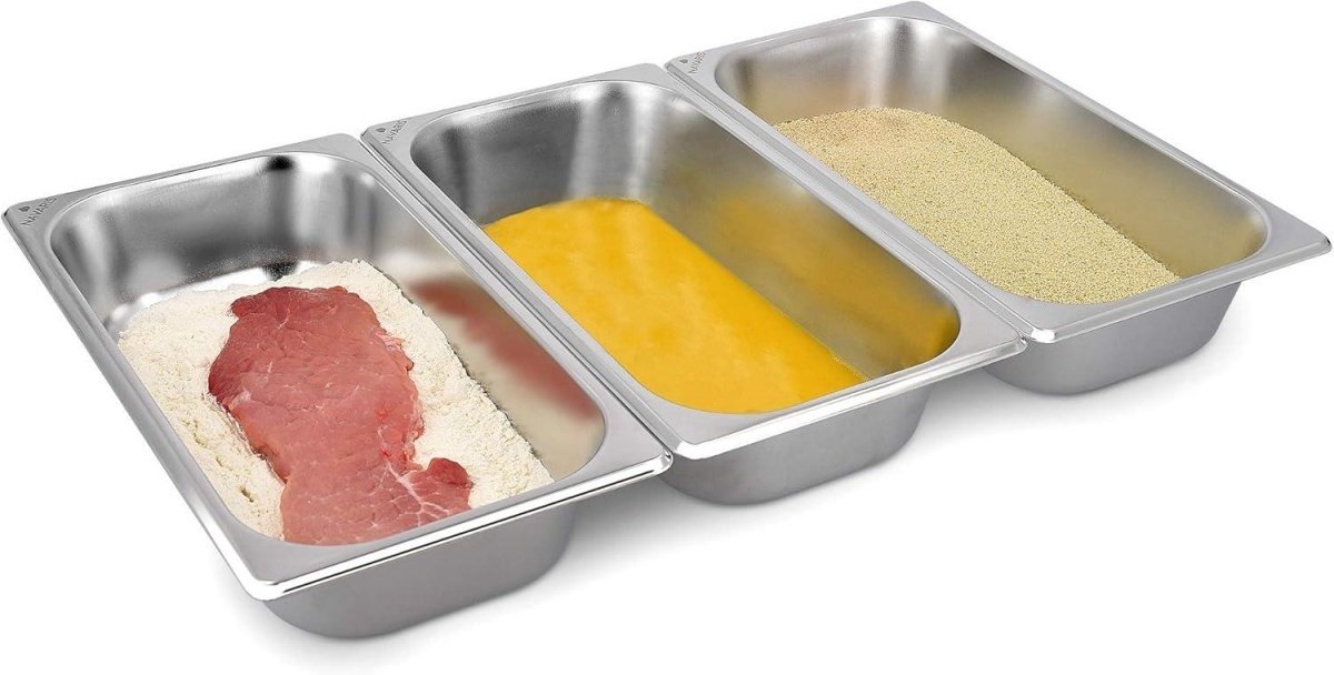 GELLDG 3 Stuks Panierbakken - Panierset RVS - 32,5 x 17,5 x 6,5 cm - Geschikt voor Vlees, Vis en Kip - Vaatwasserbestendig, Stapelbaar, Gebogen Rand