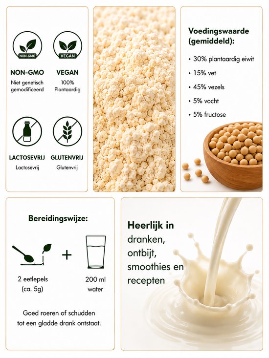 Vegan Soja Melkpoeder 500g lactose vrij is gemaakt van niet genetisch gemodificeerde hele sojabonen. Het bevat GEEN suiker en conserveringsmiddelen (E's)!. van Merkloos — afbeelding 2