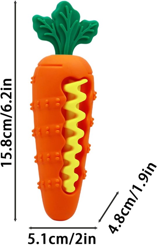 Oranje wortelspeeltje met gele, golvende kern. Afmetingen 15.8cm/6.2in hoogte, 5.1cm/2in breedte, 4.8cm/1.9in diepte.