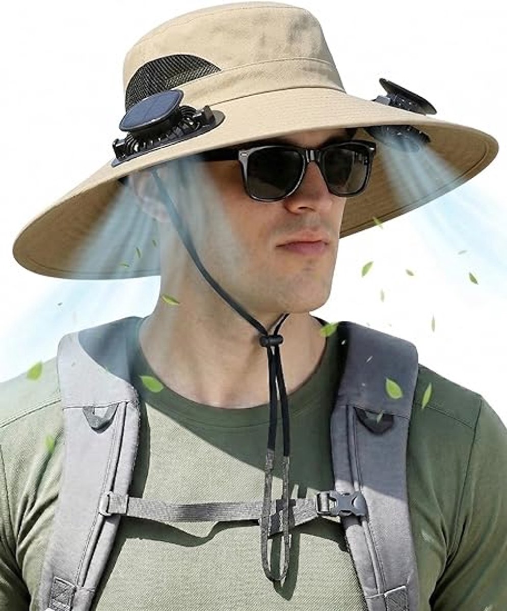 Zonnehoed heren-safarihoed heren-Zonnehoed met ventilator - Zonnehoed met brede rand - Uitgerust met 2 ventilatoren op zonne-energie - Vissershoed met ventilator - Voor buitenactiviteiten, wandelen en kamperen - Hoedomtrek 48-56 cm - Khaki