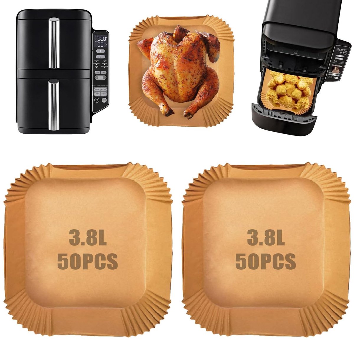Cosensi- Airfryer Liners 100 Stuks - Bakpapier Airfryer - Verstelbaar voor 3.8-5L - Gezond en Veilig - Hoge Temperatuur Weerstand - Perfecte Pasvorm Ninja 7.6L