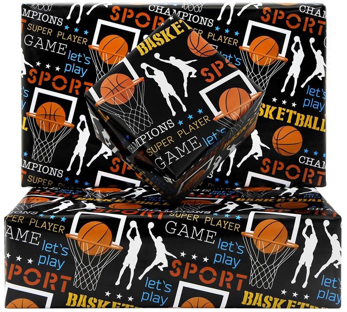 Cosensi- Inpakpapier Basketbalontwerp - 4 Vellen 50 x 70 cm - Sportthema Geschenkpapier - Verpakking voor Verjaardag - Cadeau voor Jongens - Sterke Visuele Impact