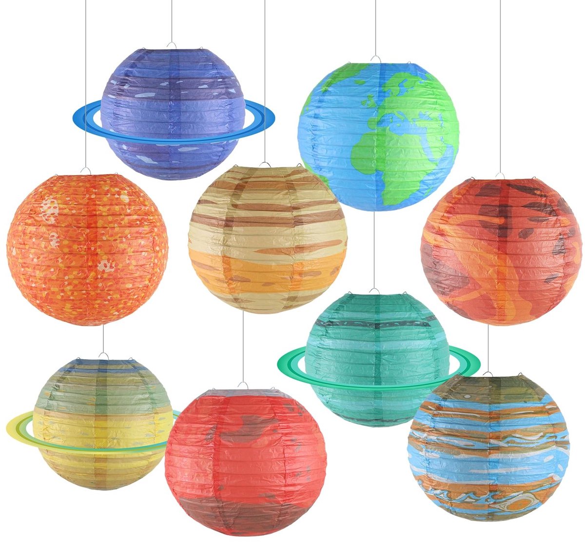 Cosensi- Papieren Lantaarns 25cm - 9 Pack Ruimte Lantaarns - Zonnestelsel Lantaarns - Hangende Lantaarns - Feestdecoraties - Kinderen Astronaut Decoratie - Ruimtedecoratie