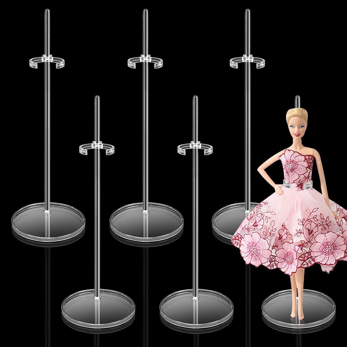 Cosensi- Poppenstandaard Verstelbaar - 6 Stuks Poppendisplayhouder - Transparante Mini Poppenstandaard - Poppenaccessoires - Hoogte 26 cm - Duurzaam Acryl - Poppenhouder