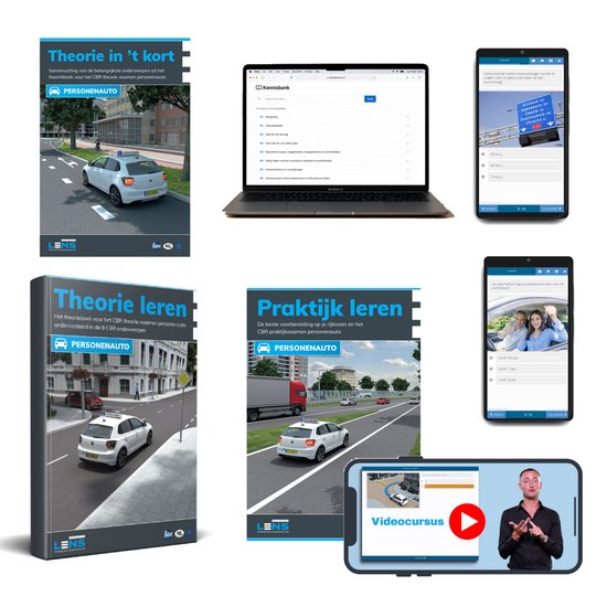 Collectie van theorieleermiddelen met boeken, laptop, telefoon en videogids.