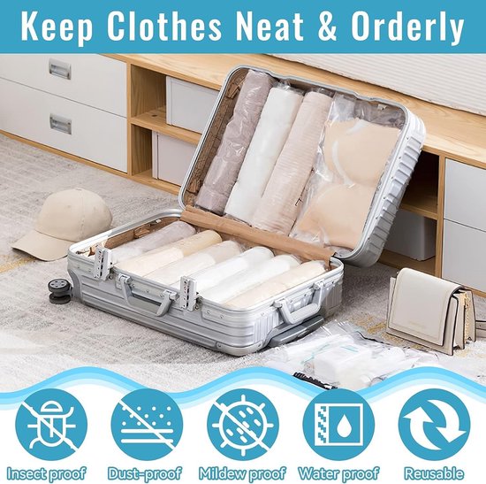 Vacuümzakken Set - Compressiezakken Kleding - Ruimte Besparen - Pomploze Compressie - 8 Stuks 4 Maten - Transparant — afbeelding 5