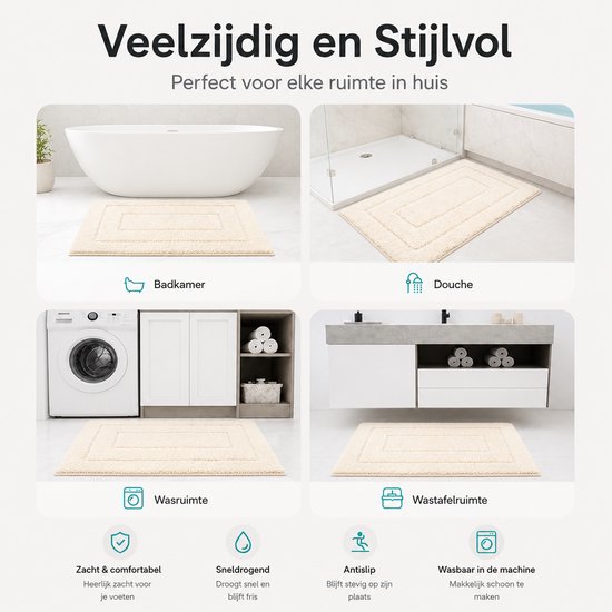 Vier afbeeldingen van de beige badmat in verschillende kamers: badkamer, douche, wasruimte en bij een wastafel.